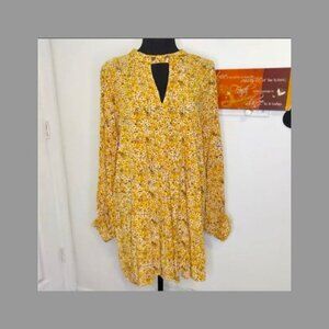 Umgee Yellow Boho Floral Trapeze Snap Collar Short Casual Dress Size Medium